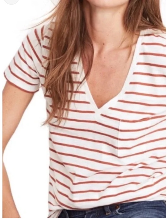 Madewell Tops - Madewell Whisper Cotton V-Neck Burnt Orange Rust Striped Pocket T-Shirt Size M